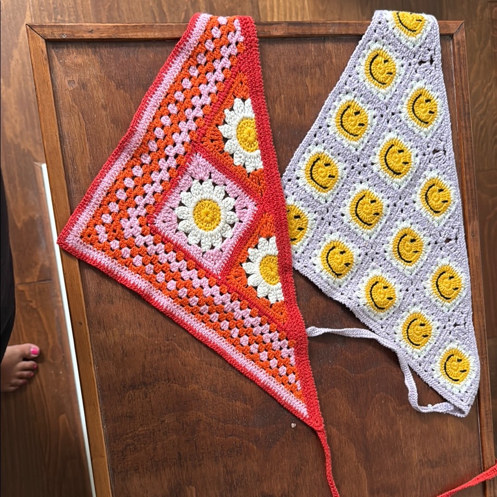 Crochet Triangle Scarves/hair bandanas with Floral and Smiley Patterns